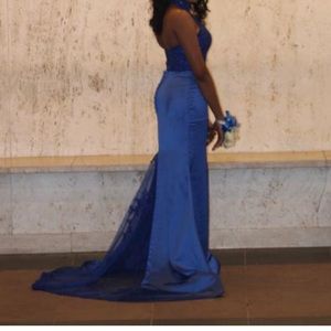 Royal Blue trumpet/ Mermaid Sleeveless train lace charmeuse maxi dress Size4